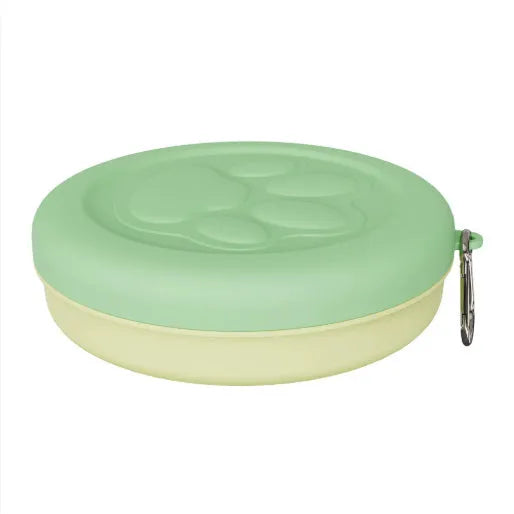 Folding portable dog bowl with snack compartment in pink and green colour options