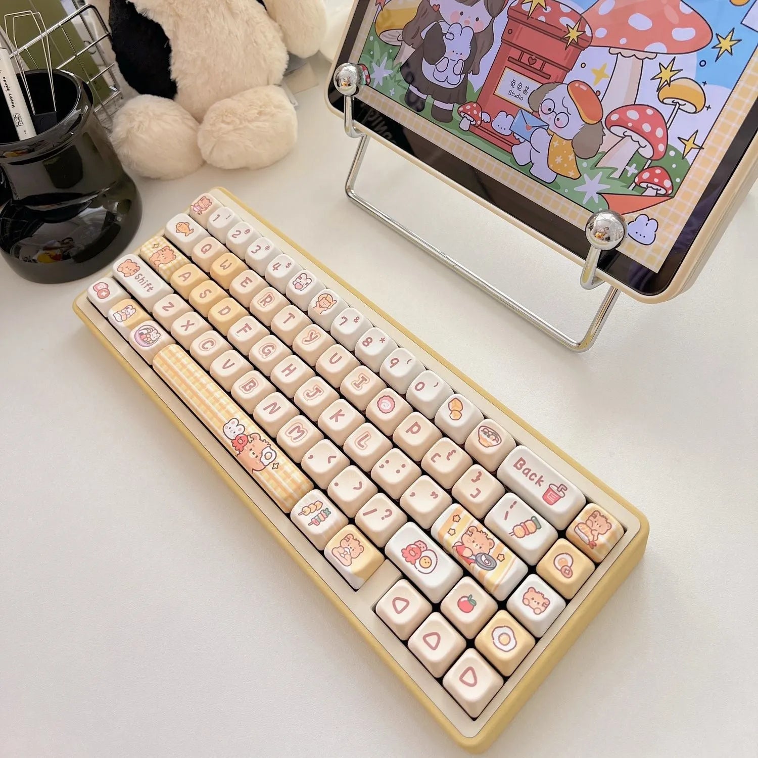 PBT key caps with rabbit bear restaurant thermal sublimation design in EOA height profile