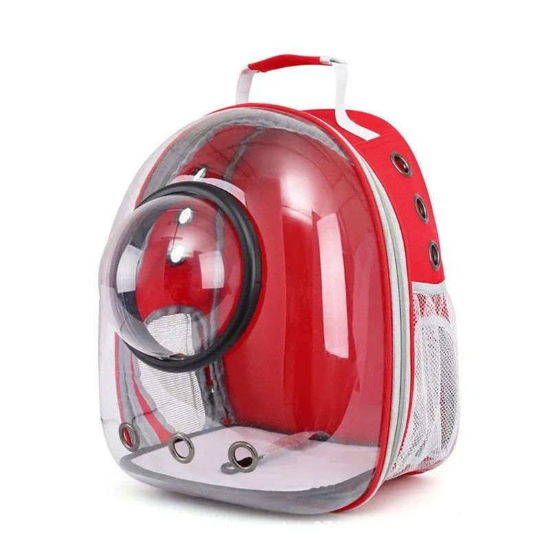Grey astronaut-style structured cat carrier bag with a side-opening door
