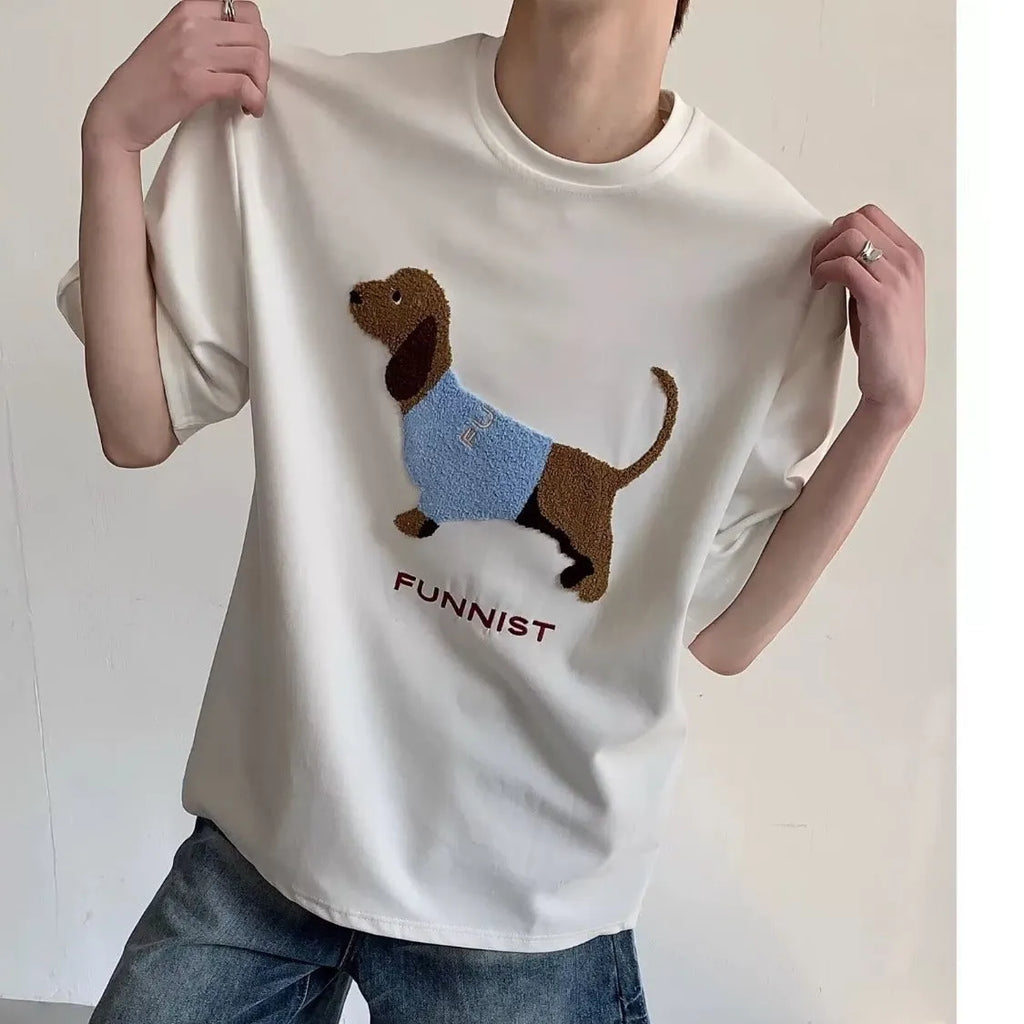 Men's grey cotton T-shirt with embroidered sausage dog design on the front.