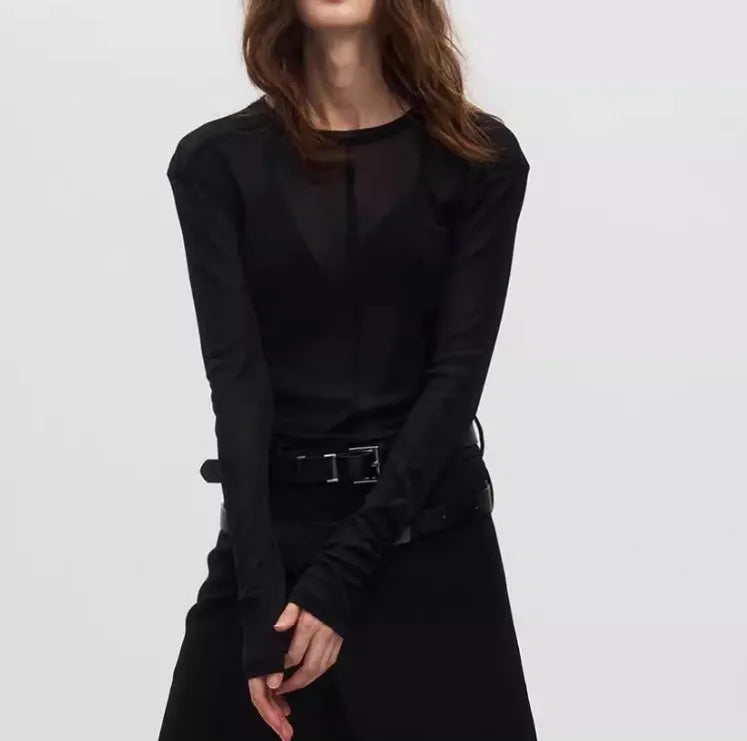 Black slim-fit mesh pullover with long sleeves and round neck