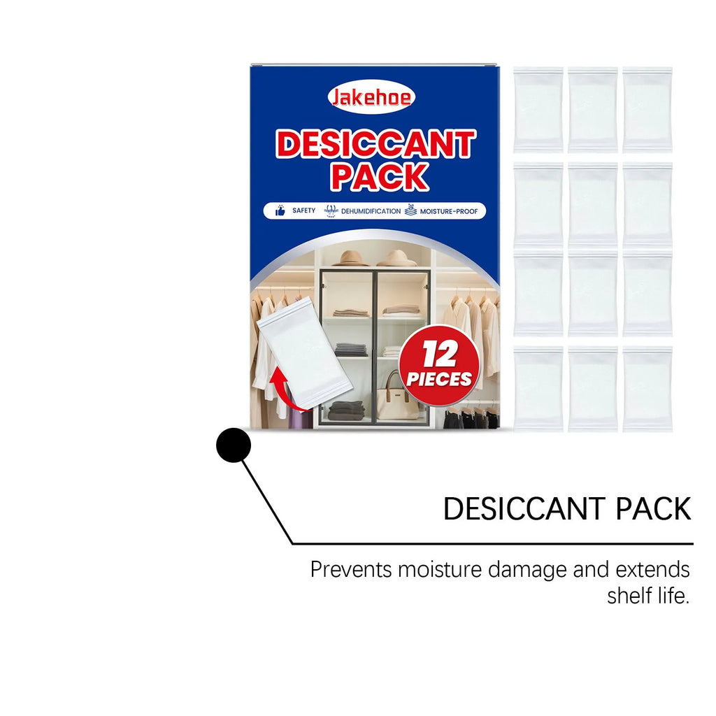 Pack of 12 white calcium chloride desiccant bags for absorbing household moisture and reducing damp.