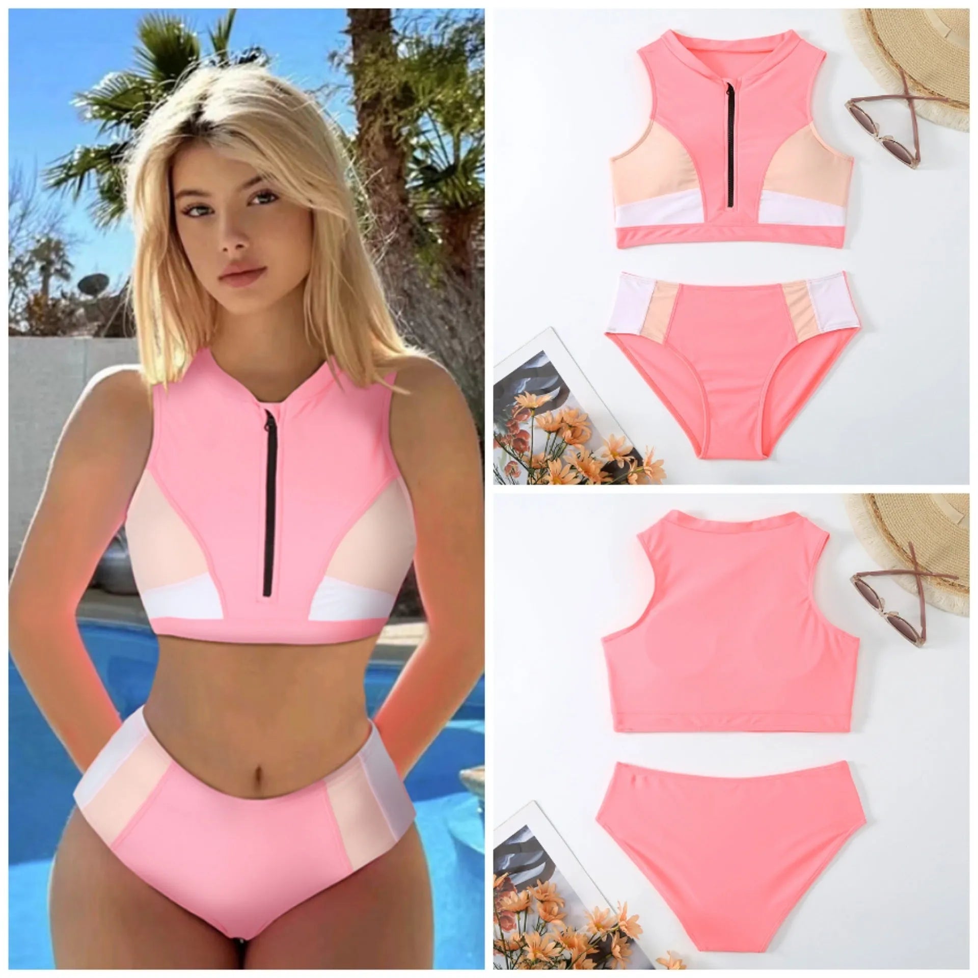 Pink high waist bikini swimsuit with split leg briefs on hanger