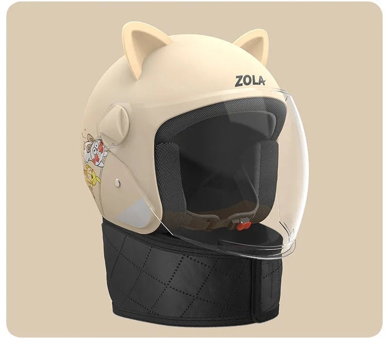 Blue winter electric bicycle helmet with anti-fog visor and attached neck scarf.
