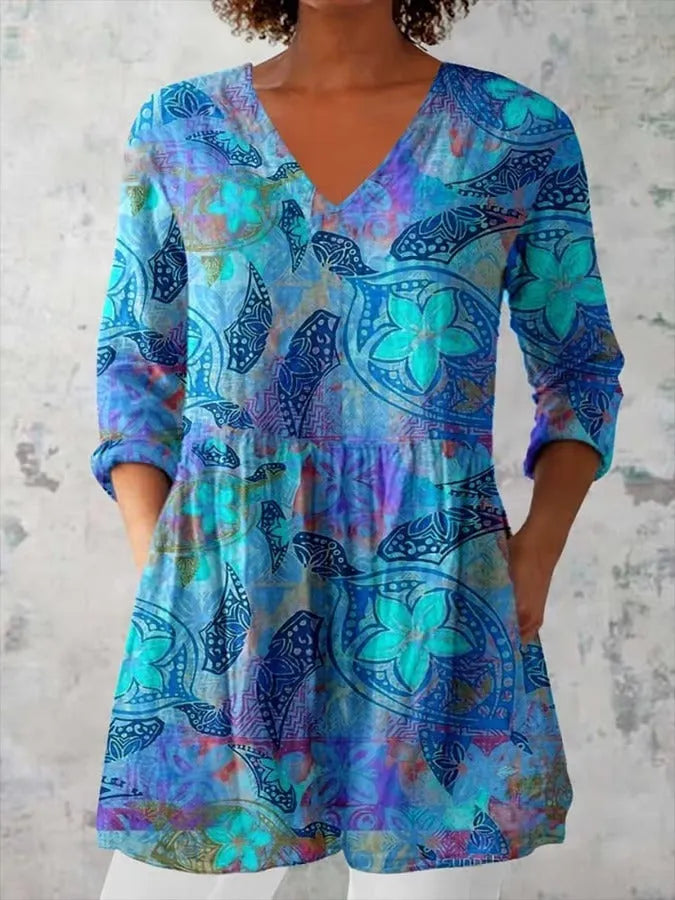Women's retro slim-fit printed long-sleeved top in a digital print pattern, available in multiple colours.