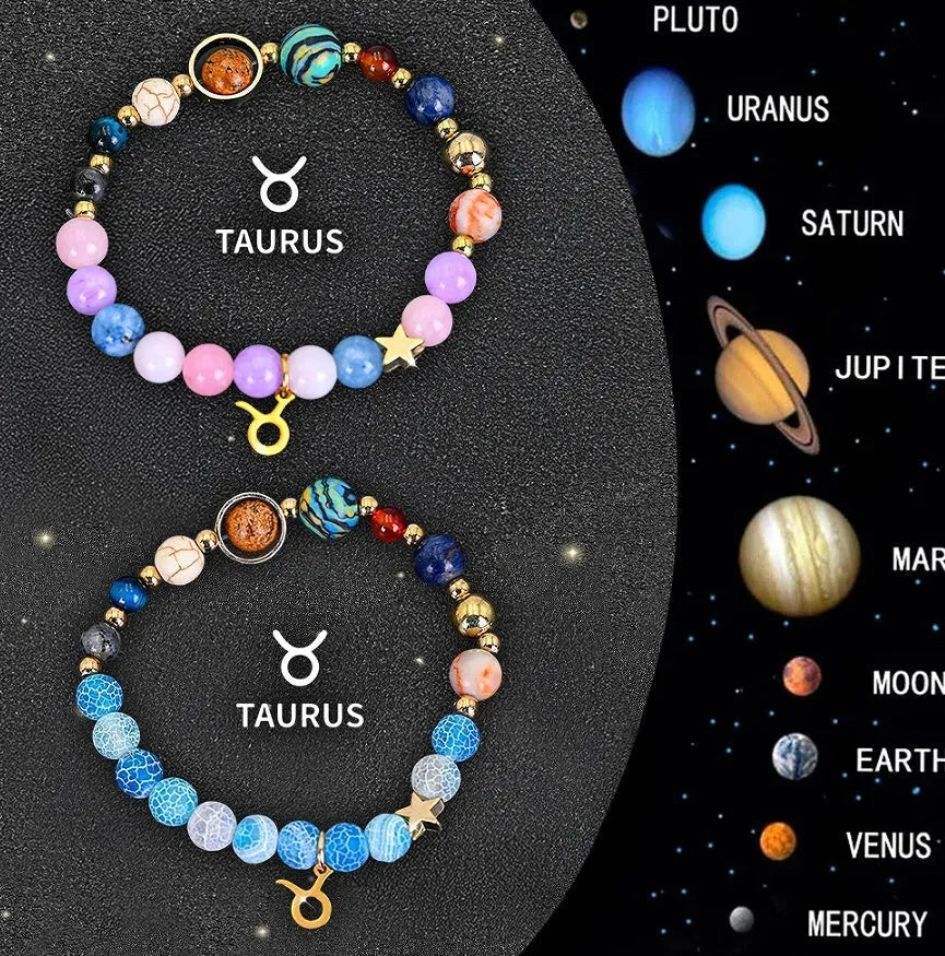 Natural stone beaded bracelets for the twelve zodiac signs laid out in a set.