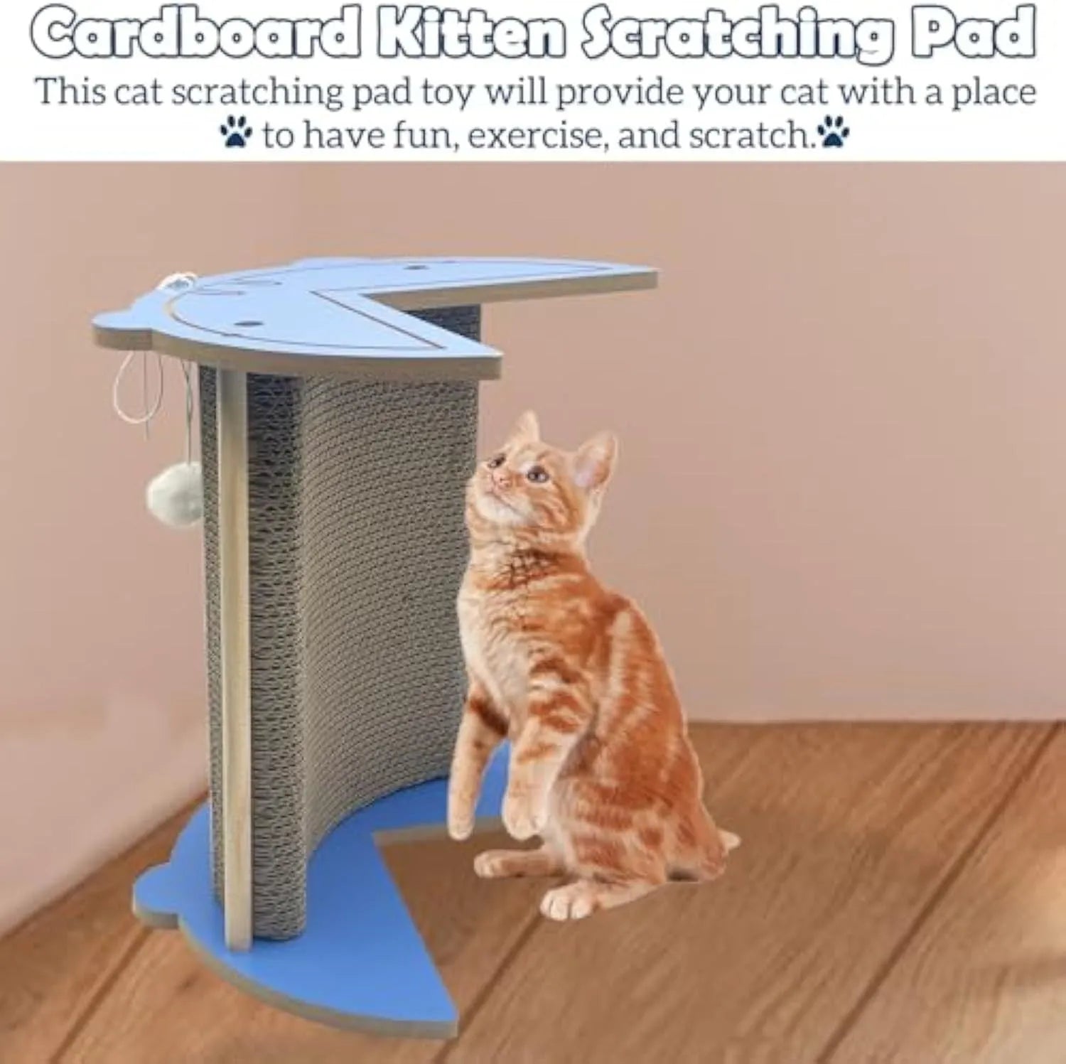 Cardboard corner scratching pad for cats on a wall with hanging ball and catnip.