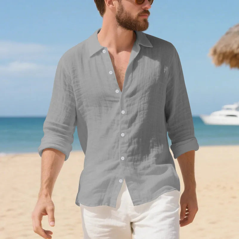 Men's linen casual shirt in American style loose fit with non-ironing fabric