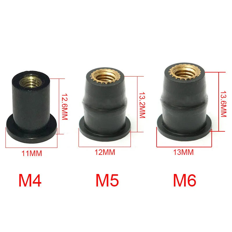 Black rubber expansion nuts with brass inserts for motorcycle windshield mounting in M4 M5 M6 sizes