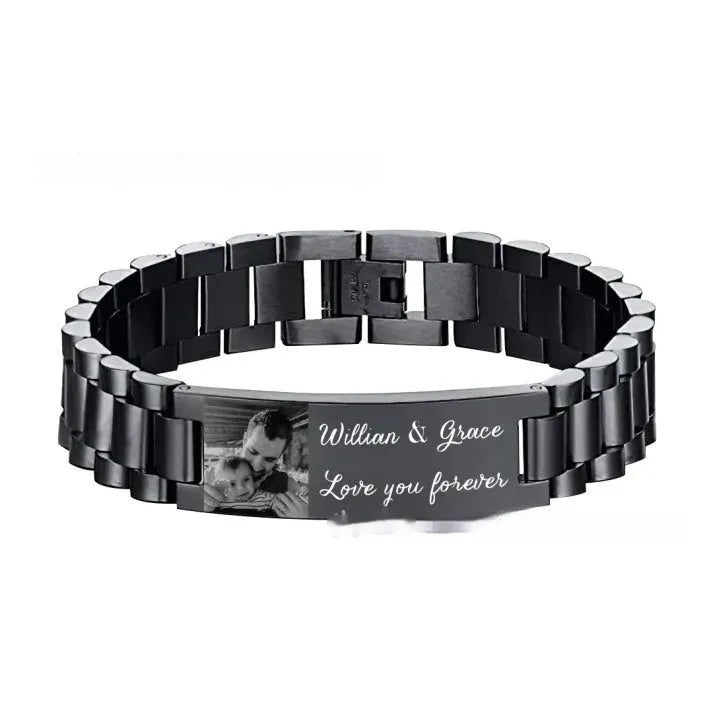 Titanium steel bracelet with lettering on curved piece, heart shape design in black or grey finish