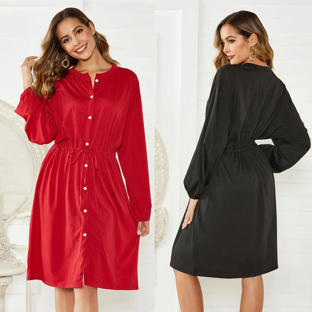 Black A-line midi dress with elastic waist and detachable belt for office wear