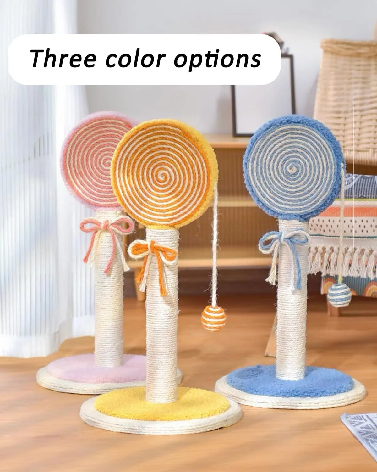 Blue cat scratching post with sisal surface and hanging ball on stable circular base