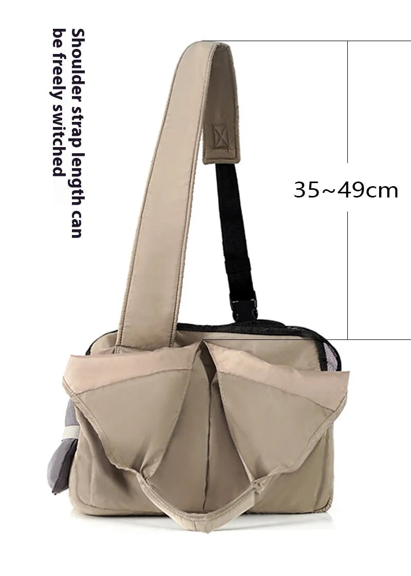 Apricot cloth pet handbag measuring 41x16x28cm with carry handles for outdoor summer use