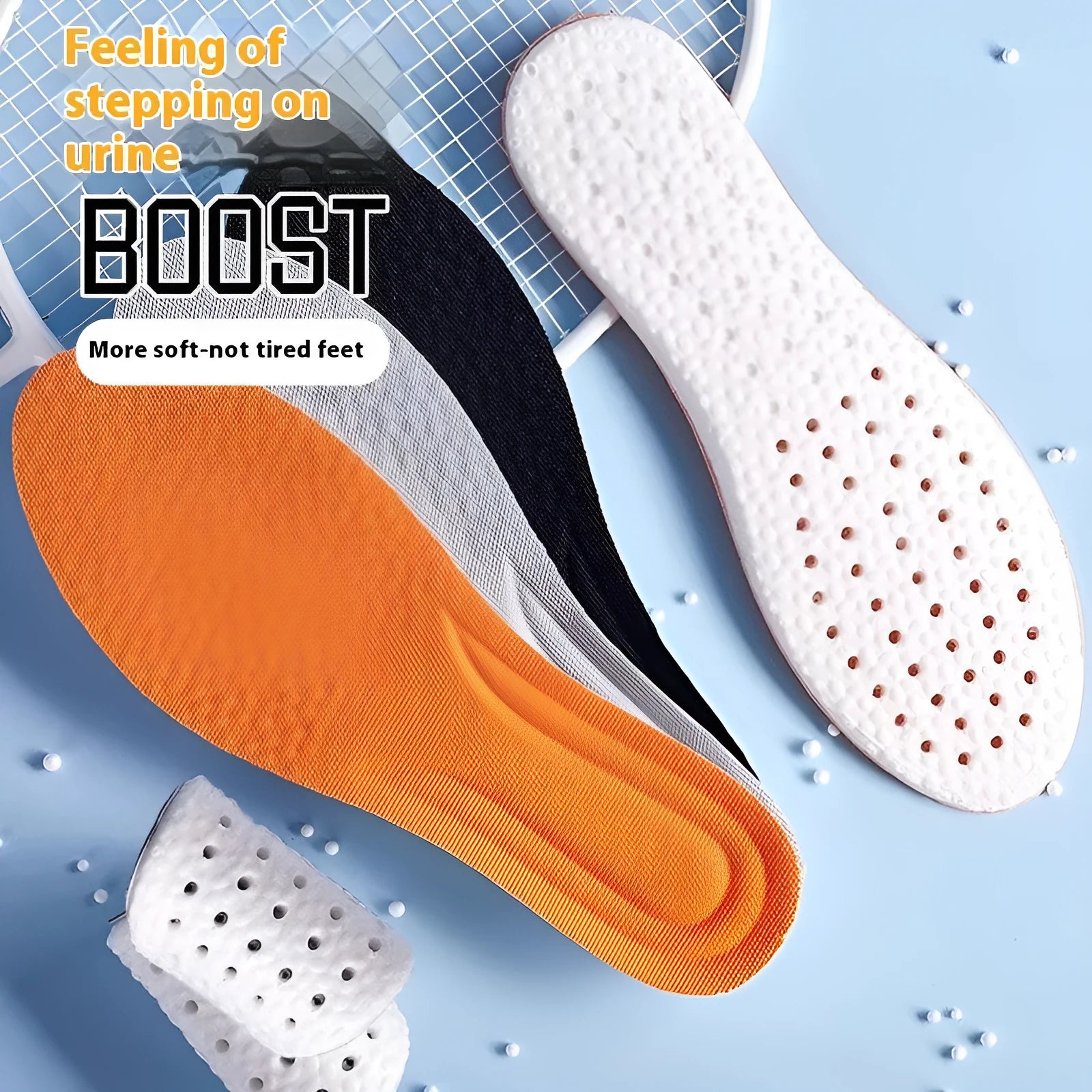 Grey, black, and orange PU foam sports insoles on a white background, showing trim-to-fit edges.