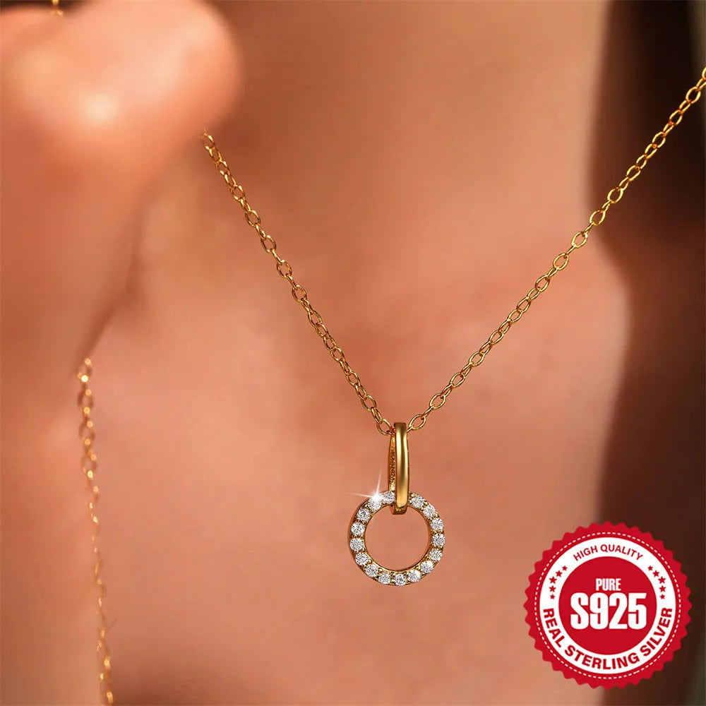 Gold-colour sterling silver clavicle chain necklace with geometric zircon pendant on adjustable 21-50cm chain