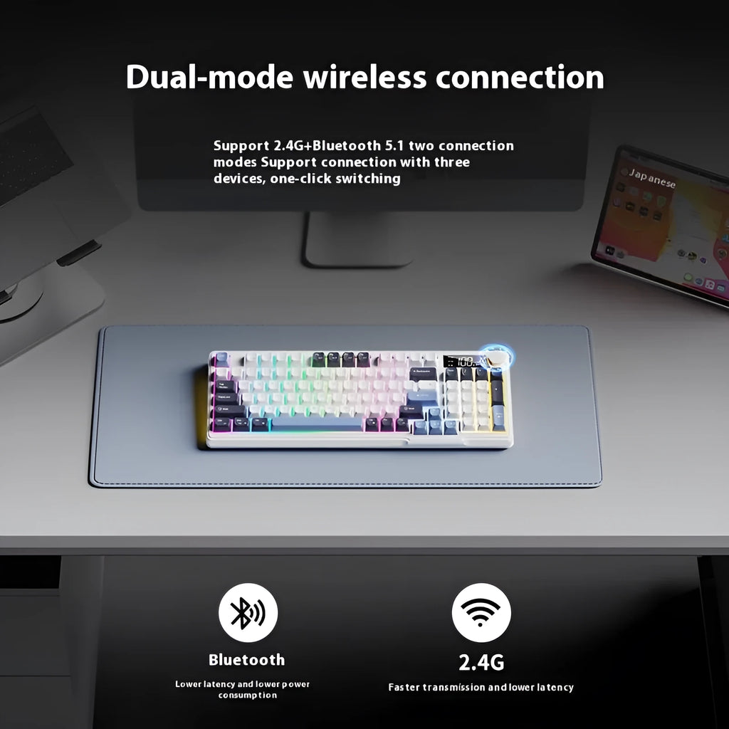 Blue and white wireless mechanical keyboard and mouse set on a desk, showing Type-C cable.