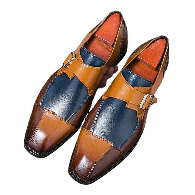 Men's brown blue retro buckle casual shoes with tall crown upper microfiber construction