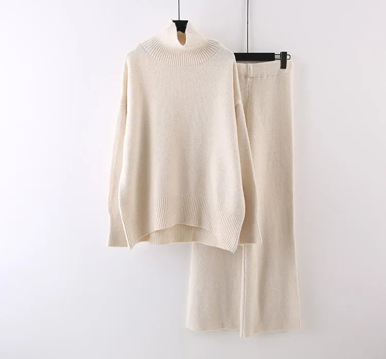 Women's casual acrylic fibre two-piece set with long-sleeve sweater and wide-leg trousers in solid colour.