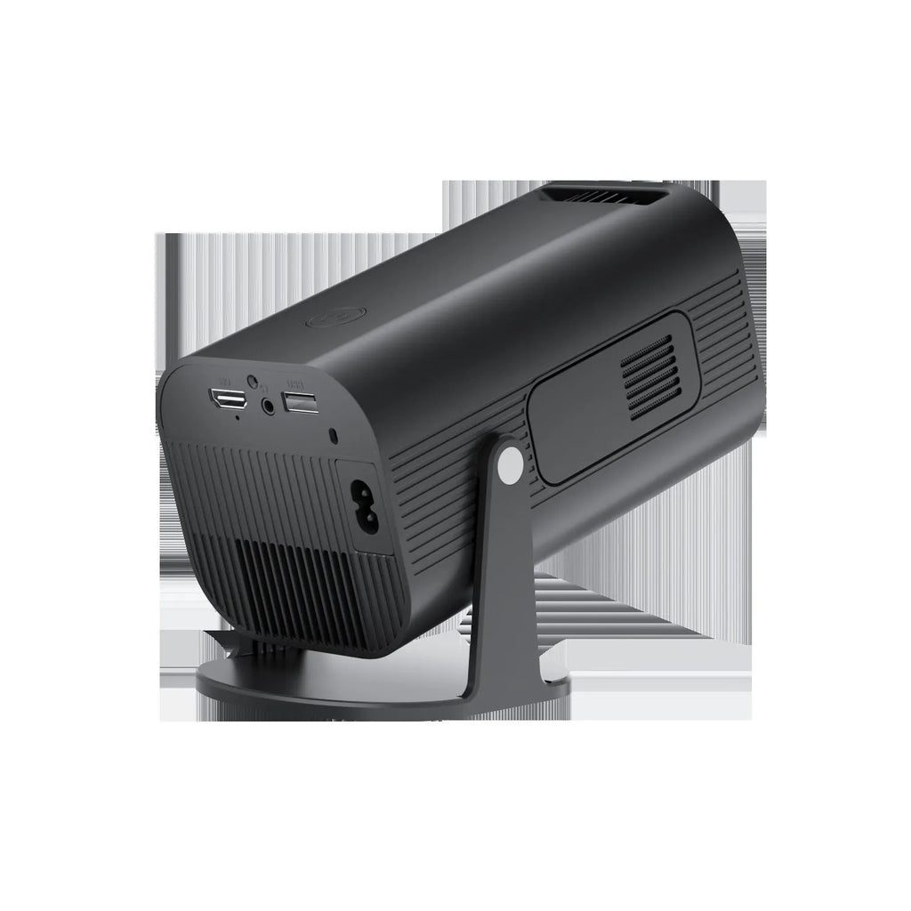Black P330 portable mini projector with remote control on a table, for mobile phone streaming.