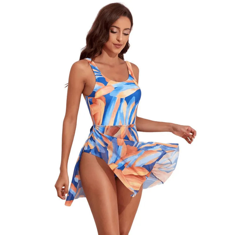 Women's single-shoulder one-piece swimsuit with floral digital printing and slimming waist design
