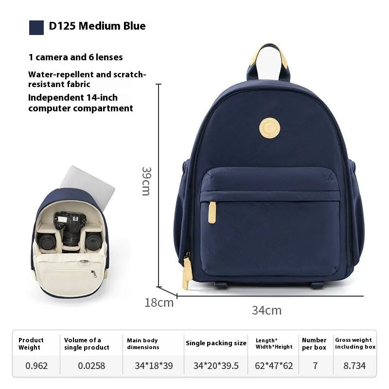 Women's solid-colour shoulder camera bag with a detachable iPad pocket in splash-proof polyester fabric.