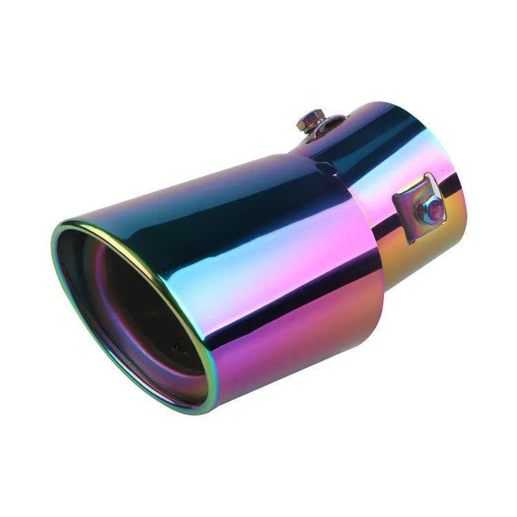 Stainless steel car exhaust tail pipe tip in baked blue finish, showing straight and curved shape options.