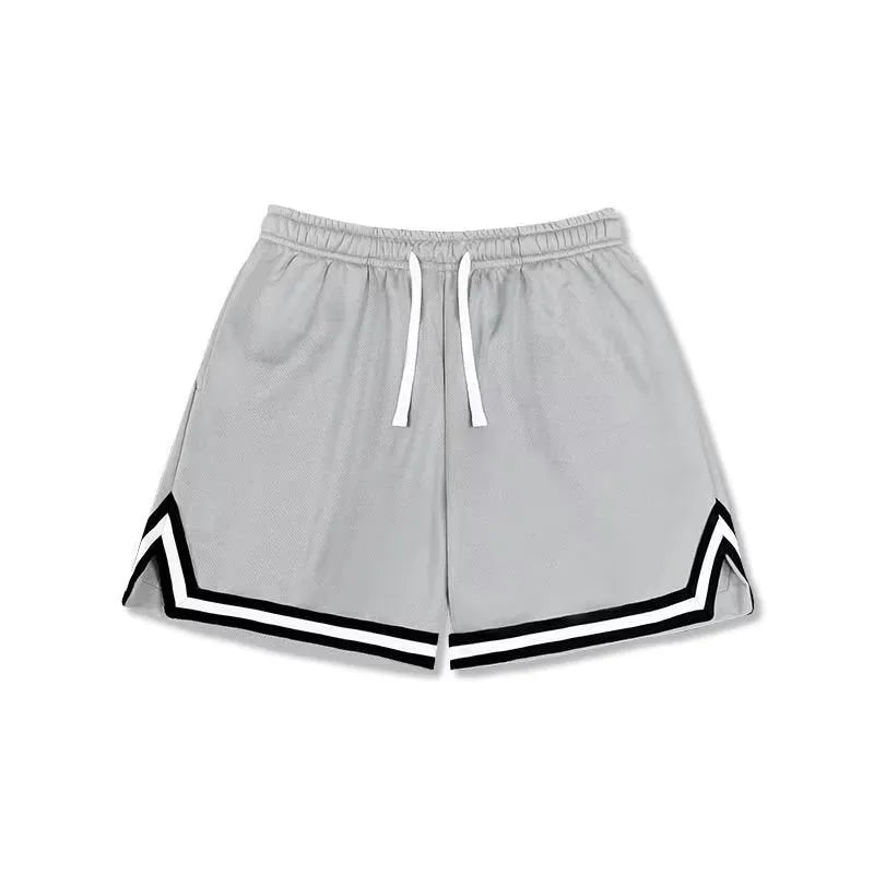 Men's loose sport shorts in polyester fabric available in nine colours including black, white, apricot, and blue shades
