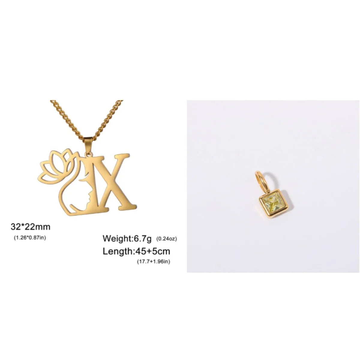 Stainless steel necklace with cross chain design and single letter pendant in gold or silver electroplated finish