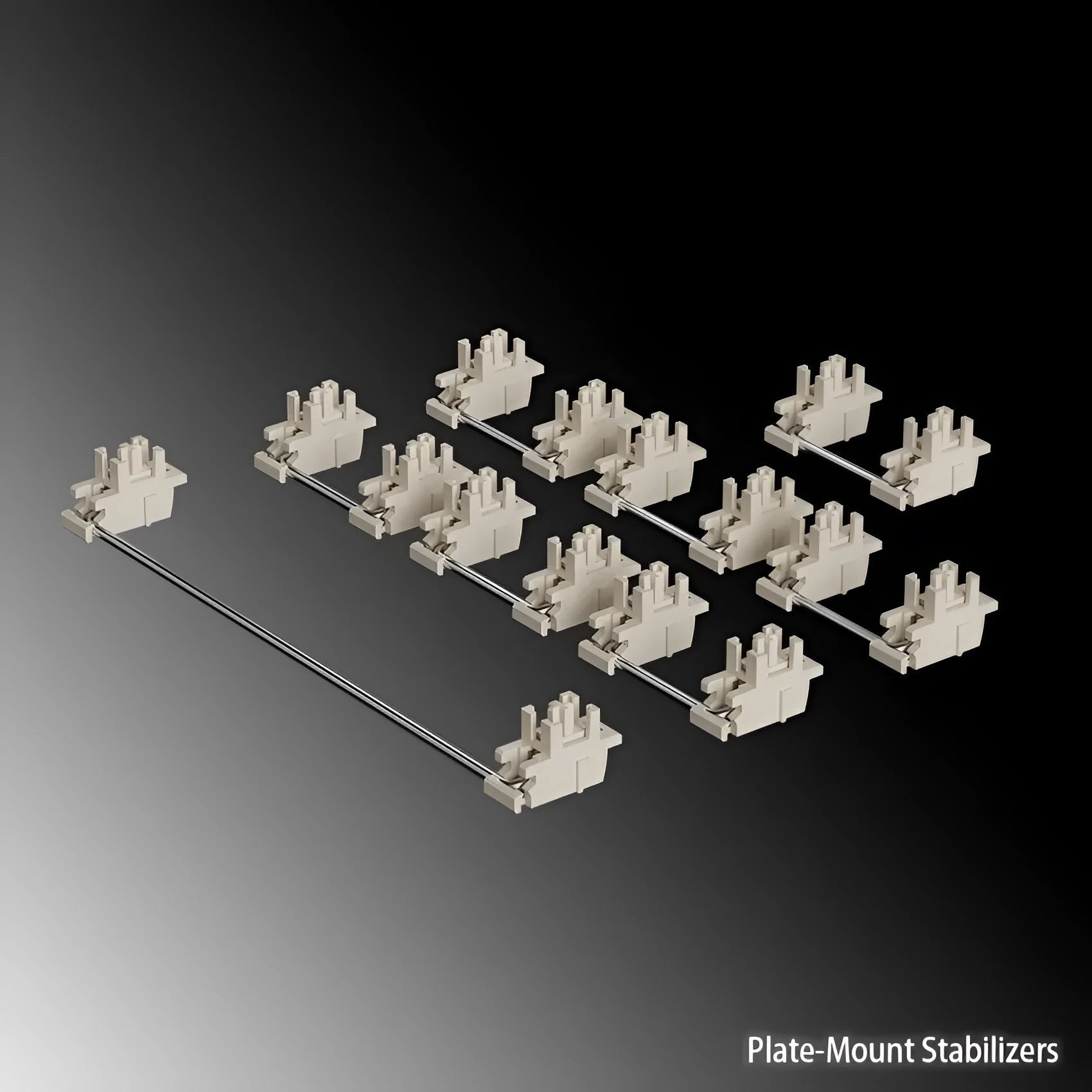 Keyboard stabiliser accessories in black and milky white colours for mechanical keyboards