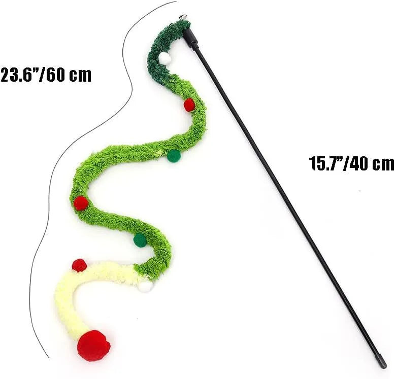 Blue green pink plush strip cat wand toy with 41cm pole and 60cm colourful strip with fluffy bell ball
