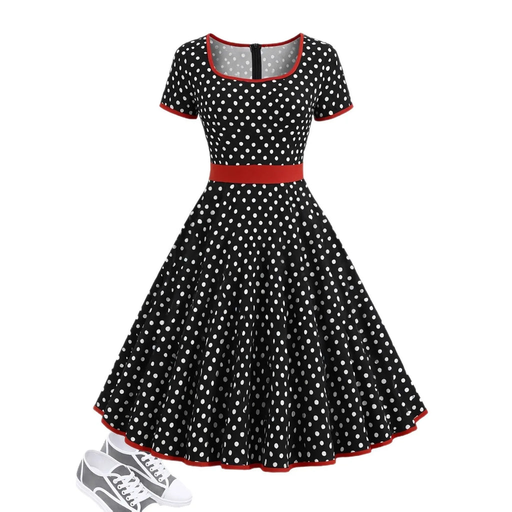 Women's polka dot pleated dress with square collar and front zipper closure in multicolour pattern
