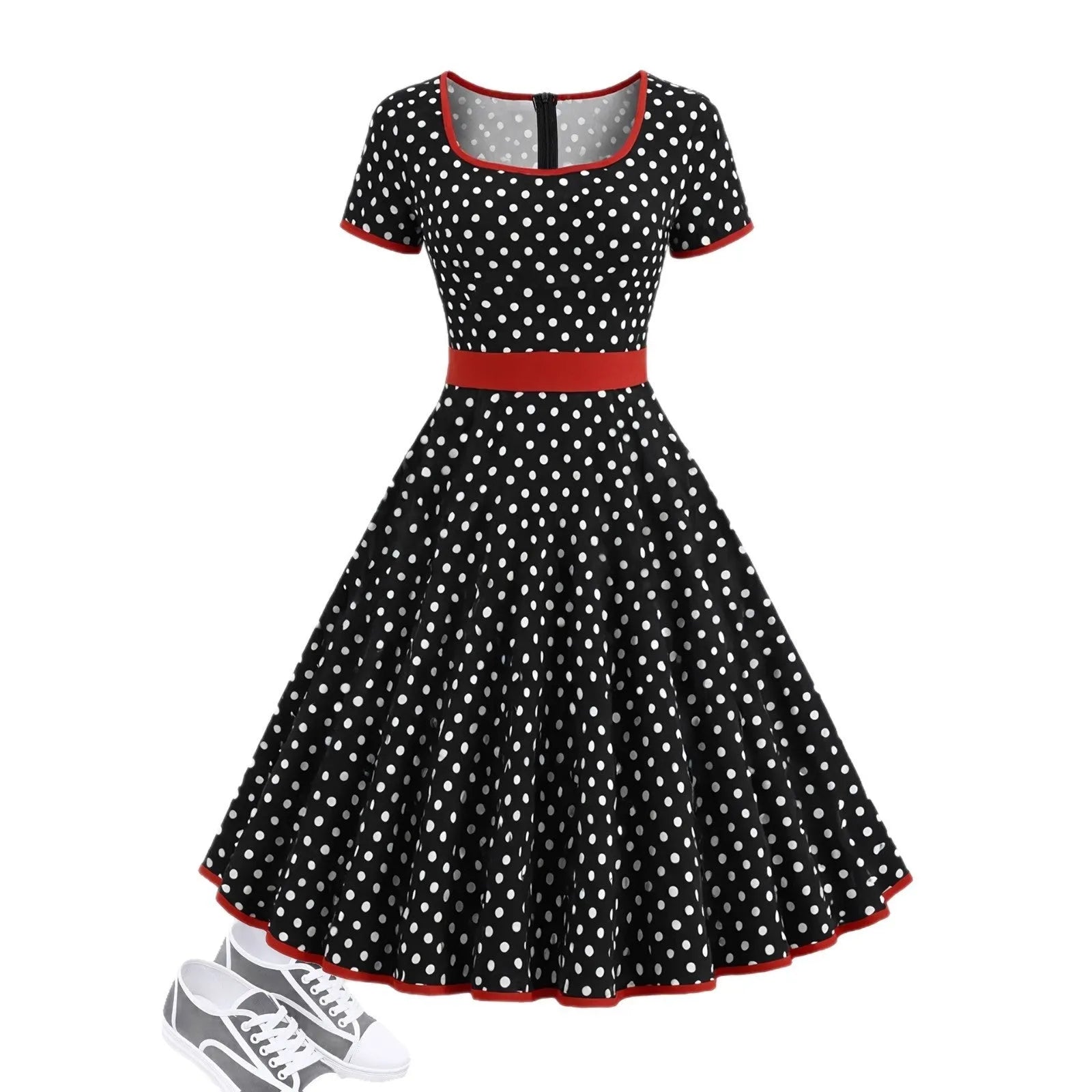 Women's polka dot pleated dress with square collar and front zipper closure in multicolour pattern