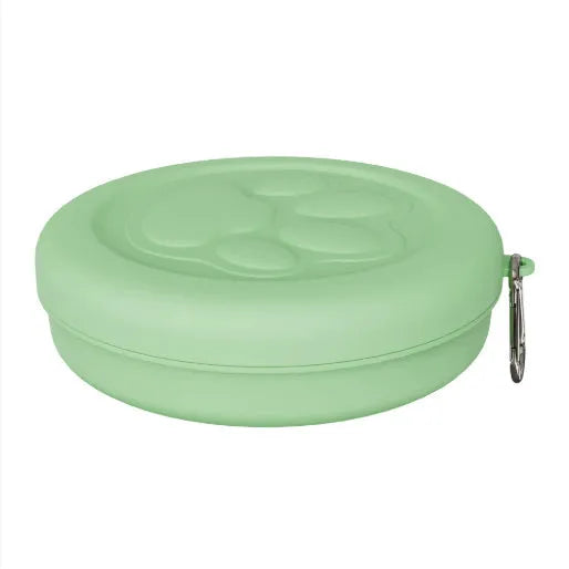 Folding portable dog bowl with snack compartment in pink and green colour options