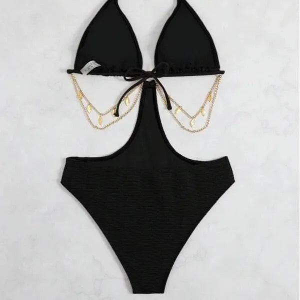 Women's black bikini swimsuit with chain detail design on polyester fabric