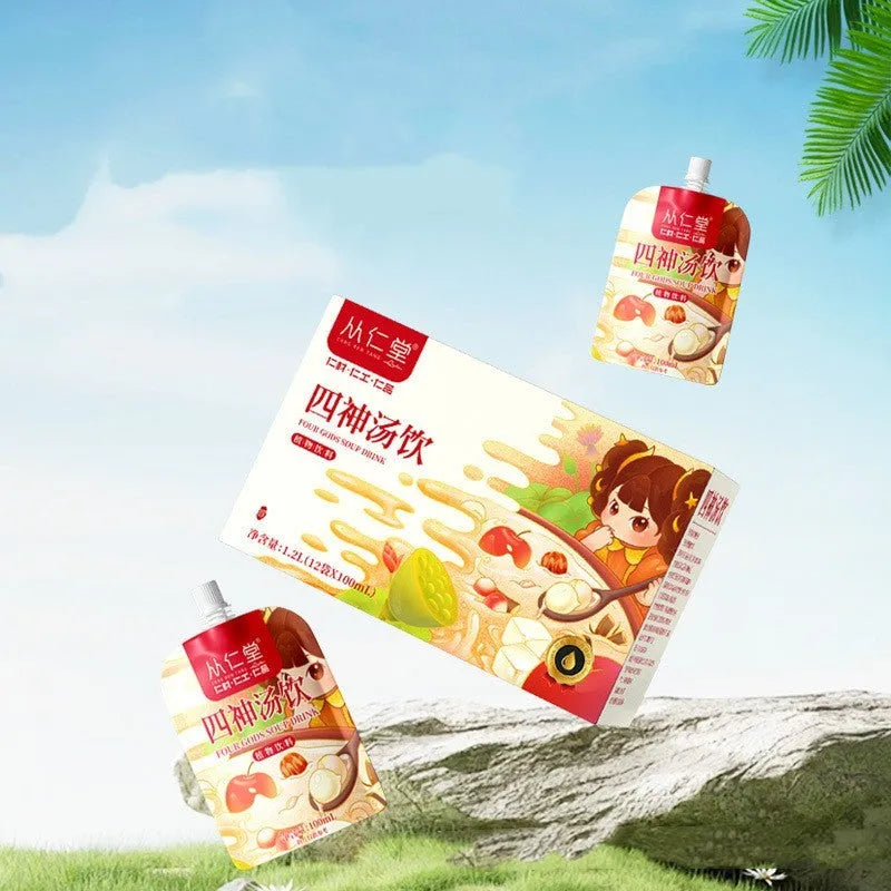 Box of children's spleen and stomach herbal tea with 12 sealed 100ml bags containing yam, poria, lotus seed, and gorgon fruit decoction