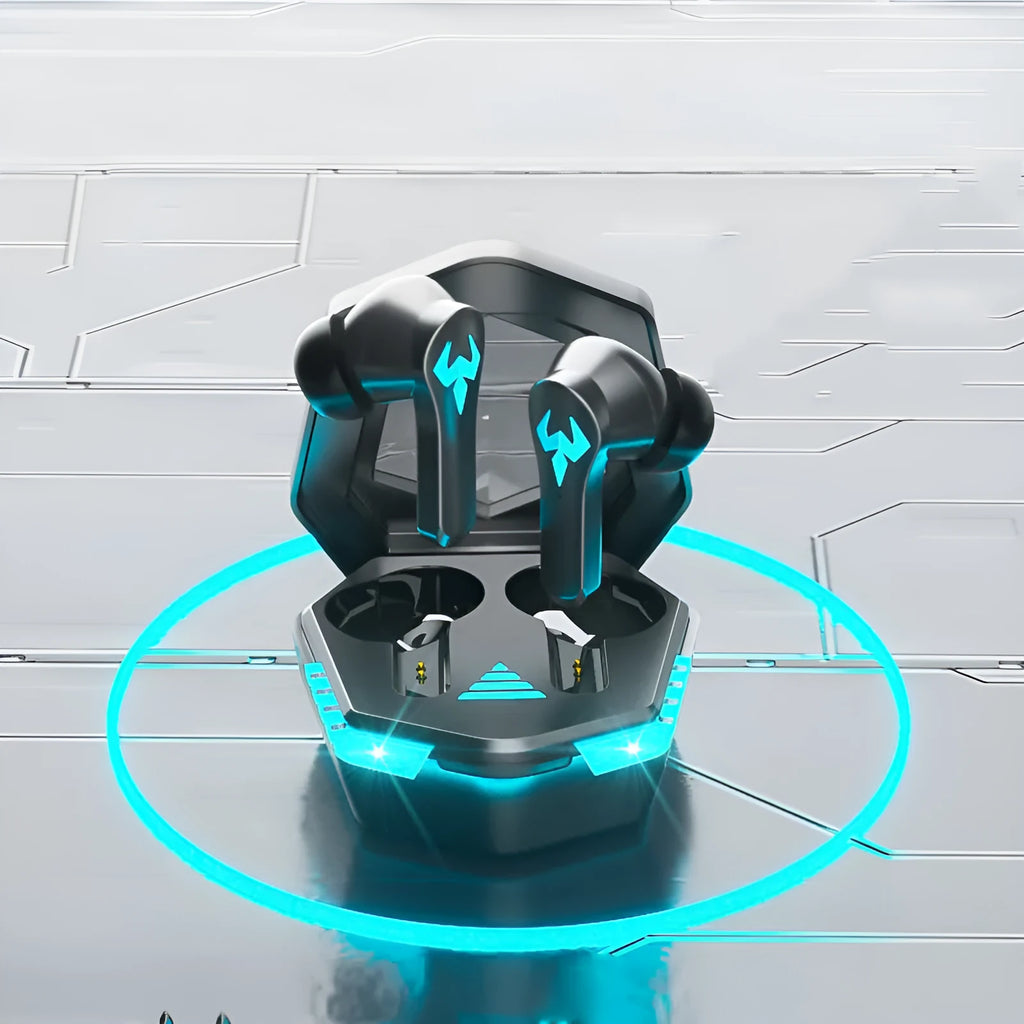 Black wireless in-ear sports headset with Bluetooth connectivity for phones and gaming