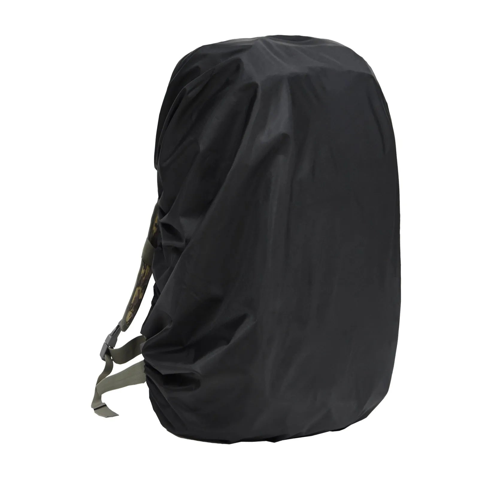 Army green Pu material backpack rain cover shown unfolded, suitable for 80-litre packs.