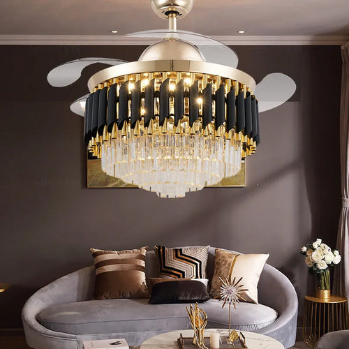 Remote control crystal chandelier ceiling fan light with wooden blades and LED light.