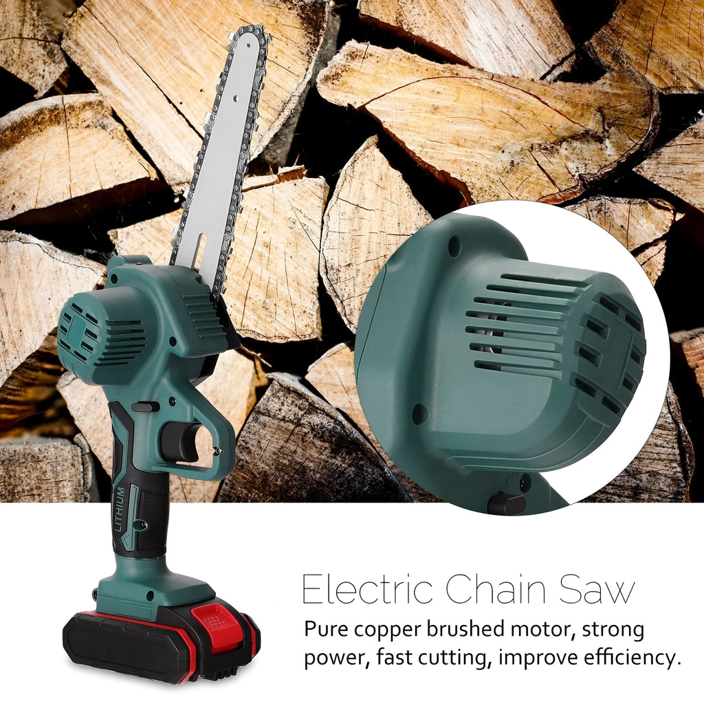 Black one-hand mini electric chainsaw with a 4-inch guide bar on a wooden log.