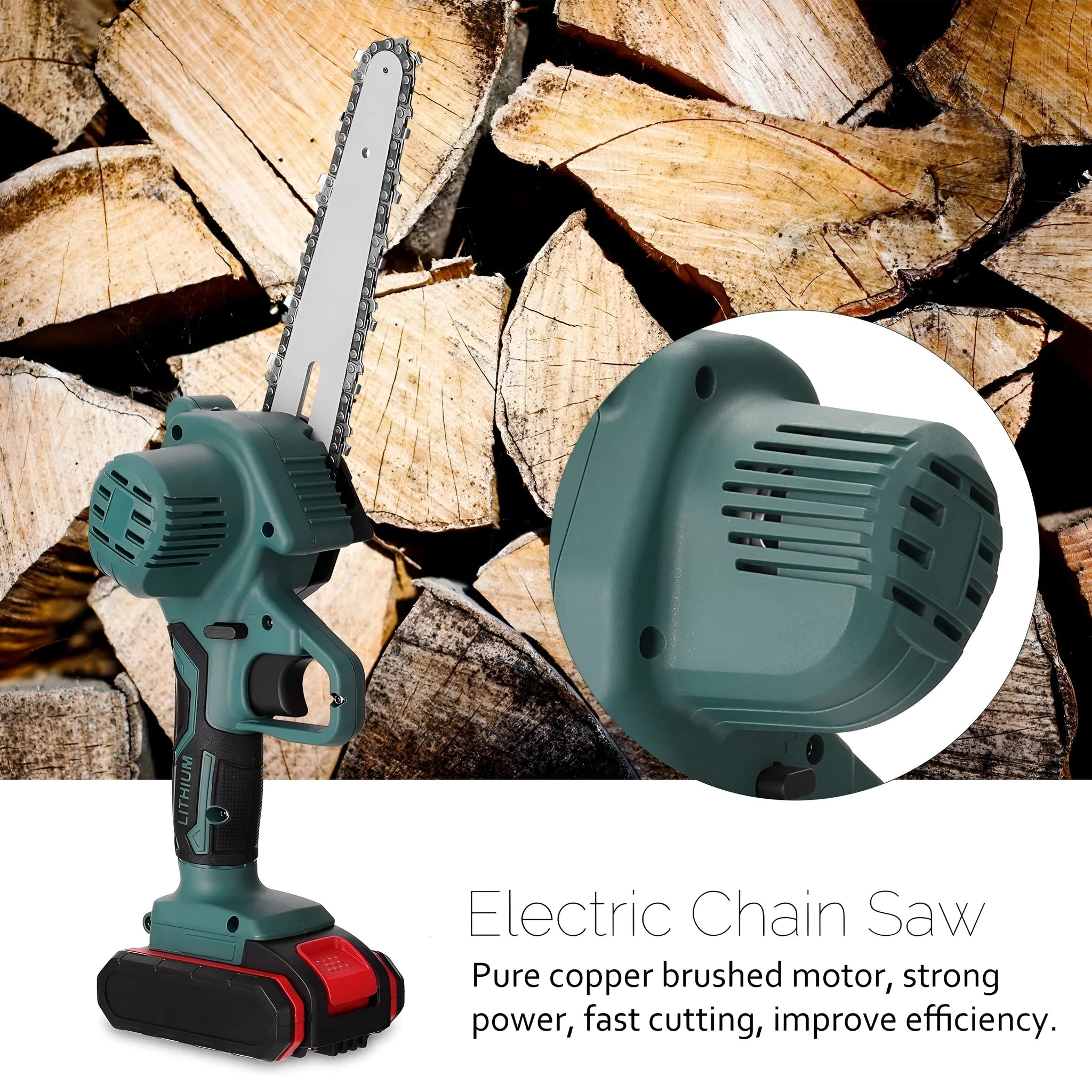 Black one-hand mini electric chainsaw with a 4-inch guide bar on a wooden log.