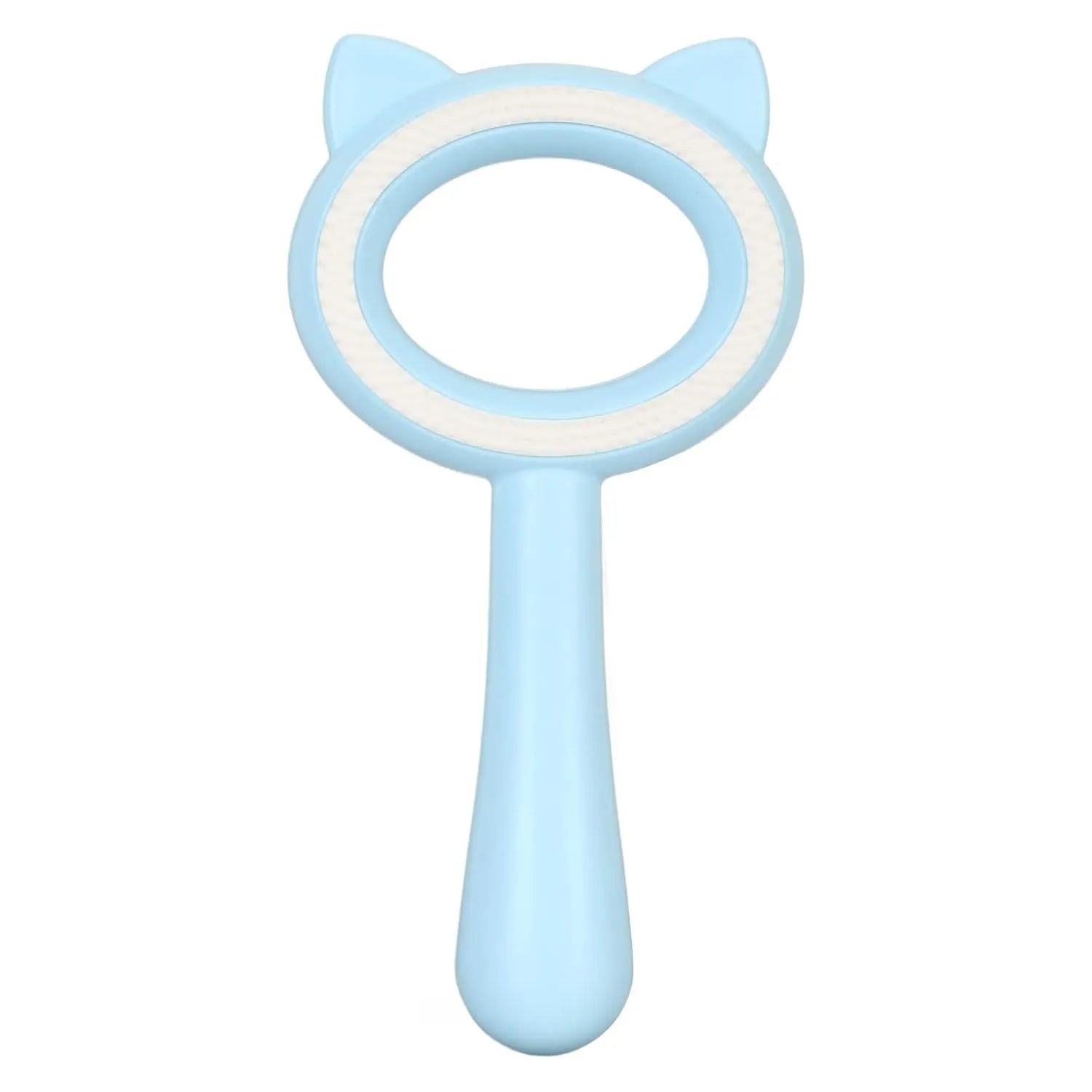 Blue and white dual-sided pet grooming brush with ergonomic handle for cats and dogs.