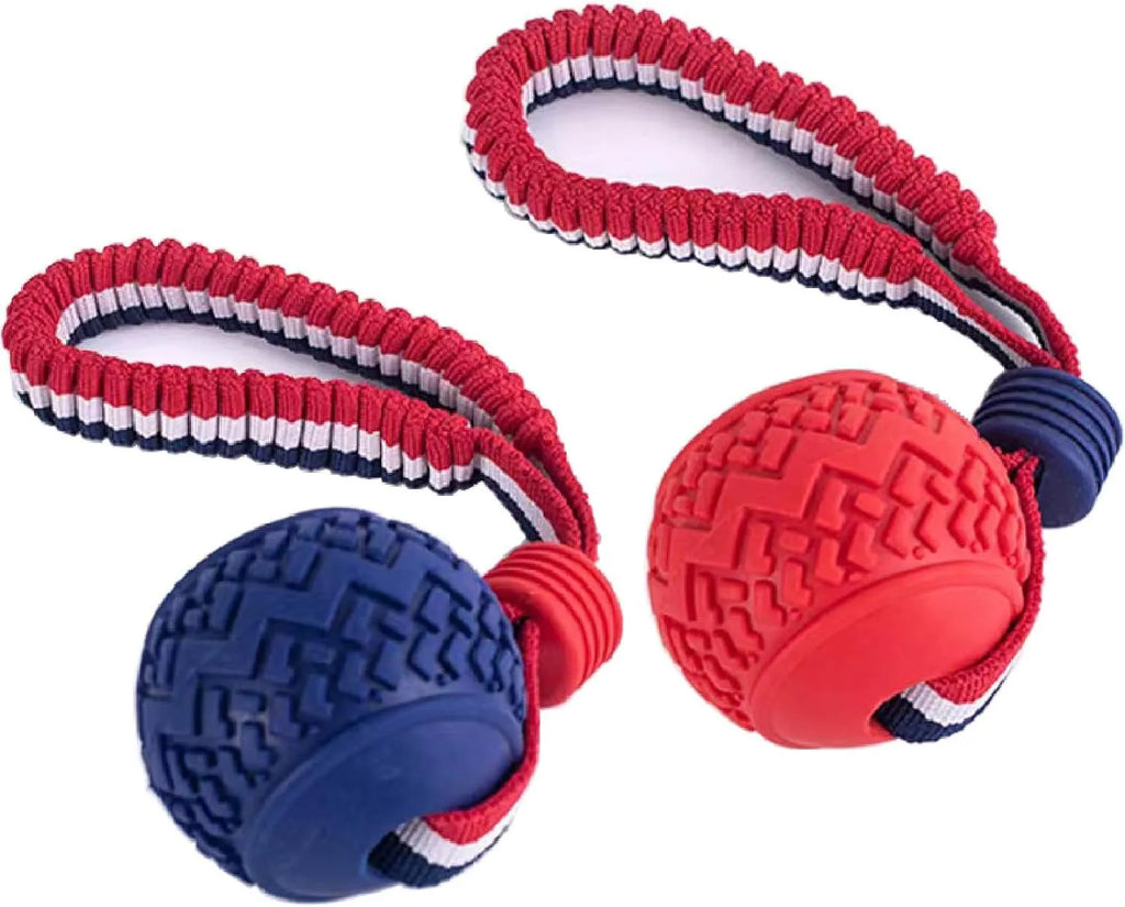 Blue dog ball with rope toy showing textured surface and 29cm length
