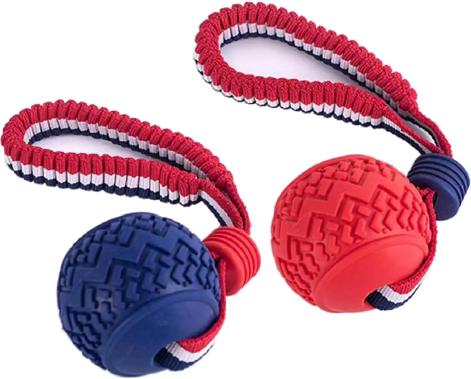 Blue dog ball with rope toy showing textured surface and 29cm length