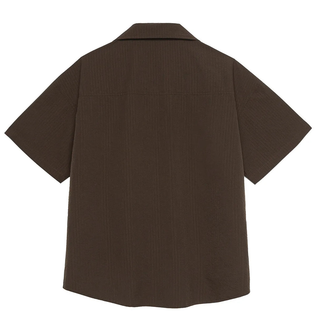 Brown striped Cuban collar short sleeve shirt for outdoor camping