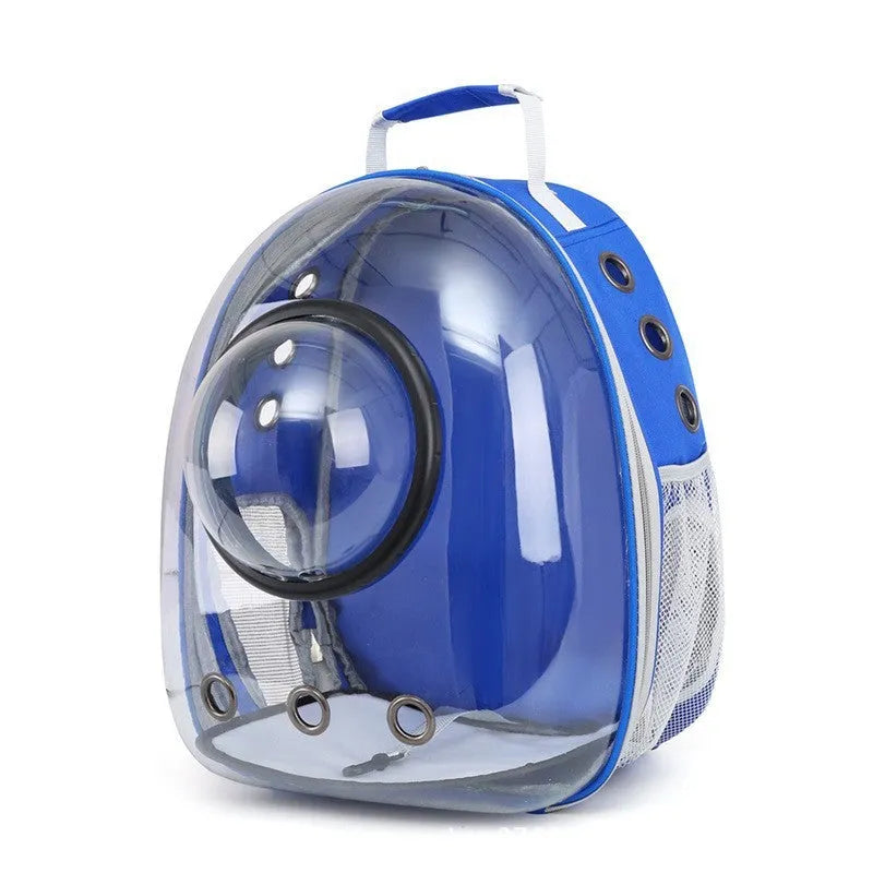 Grey astronaut-style structured cat carrier bag with a side-opening door