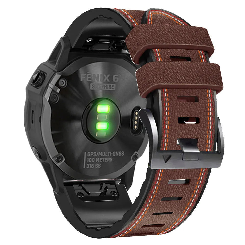 Silicone leather watchband for Garmin Fenix smartwatches with quick release bars in black colour.