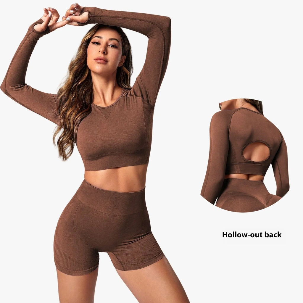 Women's black high-waisted yoga suit set with long sleeves, showing front and back view.