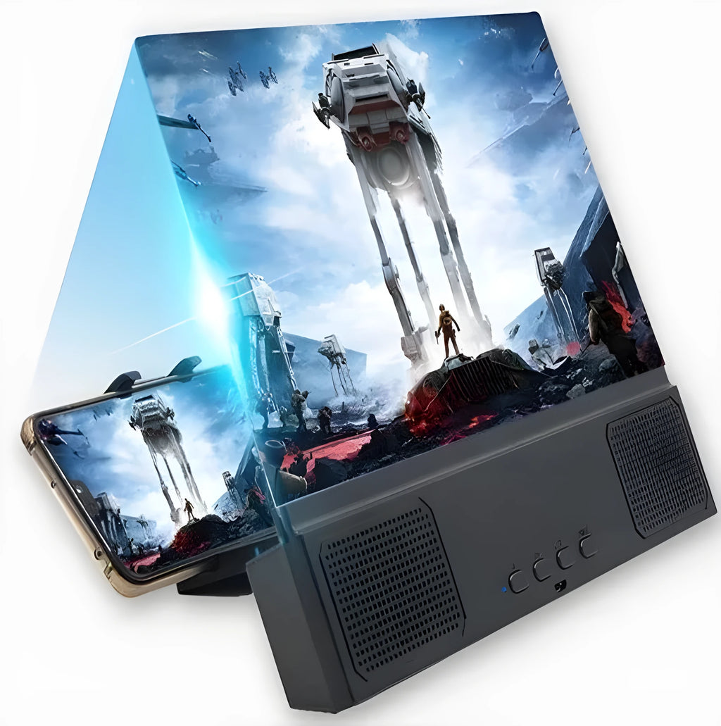 12-inch mobile phone screen amplifier with acrylic lens and ABS housing showing Bluetooth audio capability