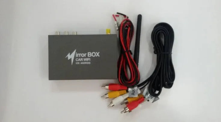 Black car mirror link box Wi-Fi converter with power cable, AV cable, antenna and manual