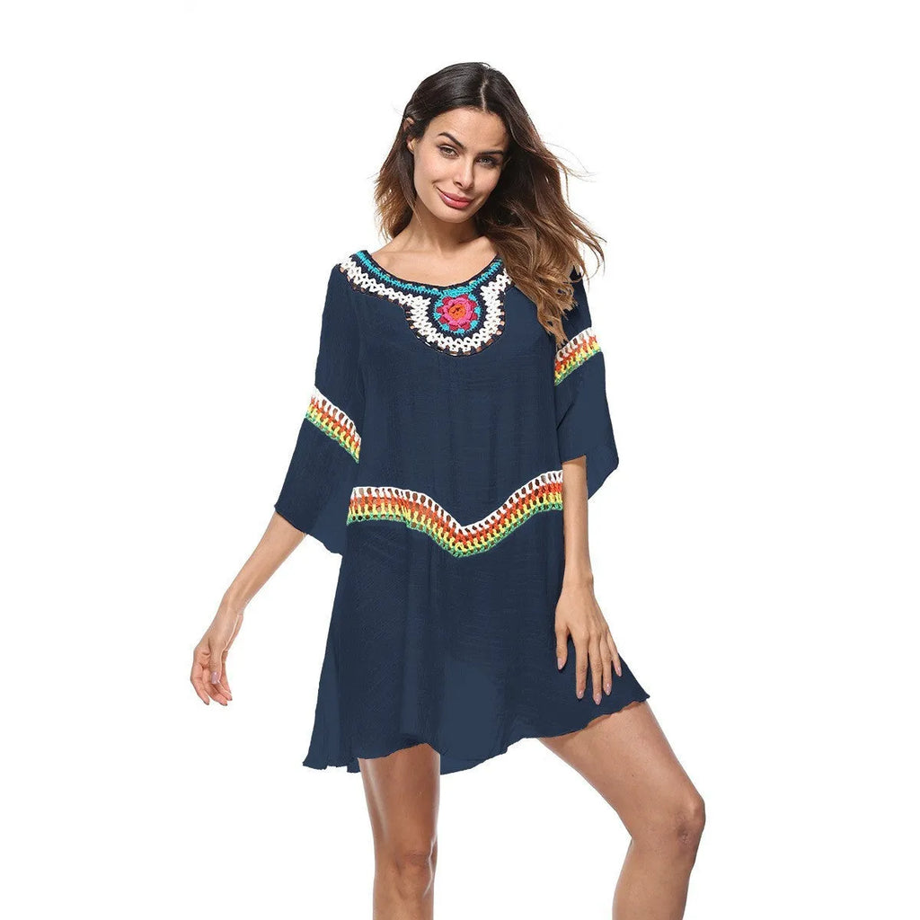 Crocheted acrylic beach cover-up in ethnic style for swimming and sun protection